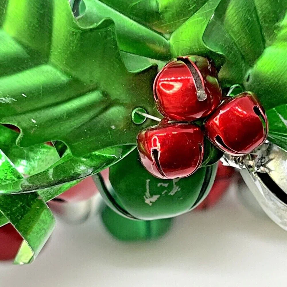 Christmas Jingle Bell Wreath Red Silver Green With Holly Accent Metal